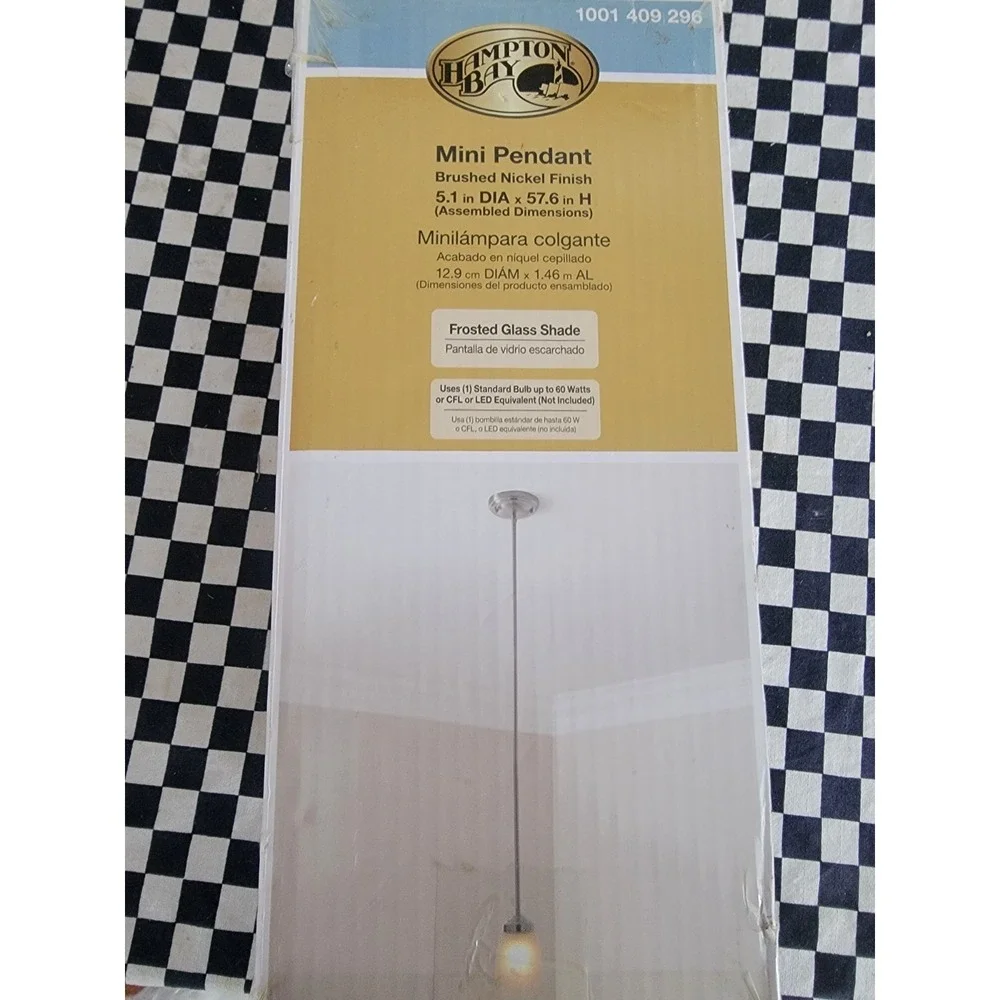Hampton Bay Mini Pendant Light Brushed Nickel Frosted‎ Glass Shade NEW Open Box